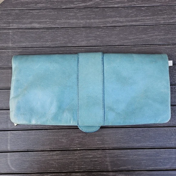 Hobo International Teal Blue Aqua Leather Fold Over Clutch Bag Small Purse